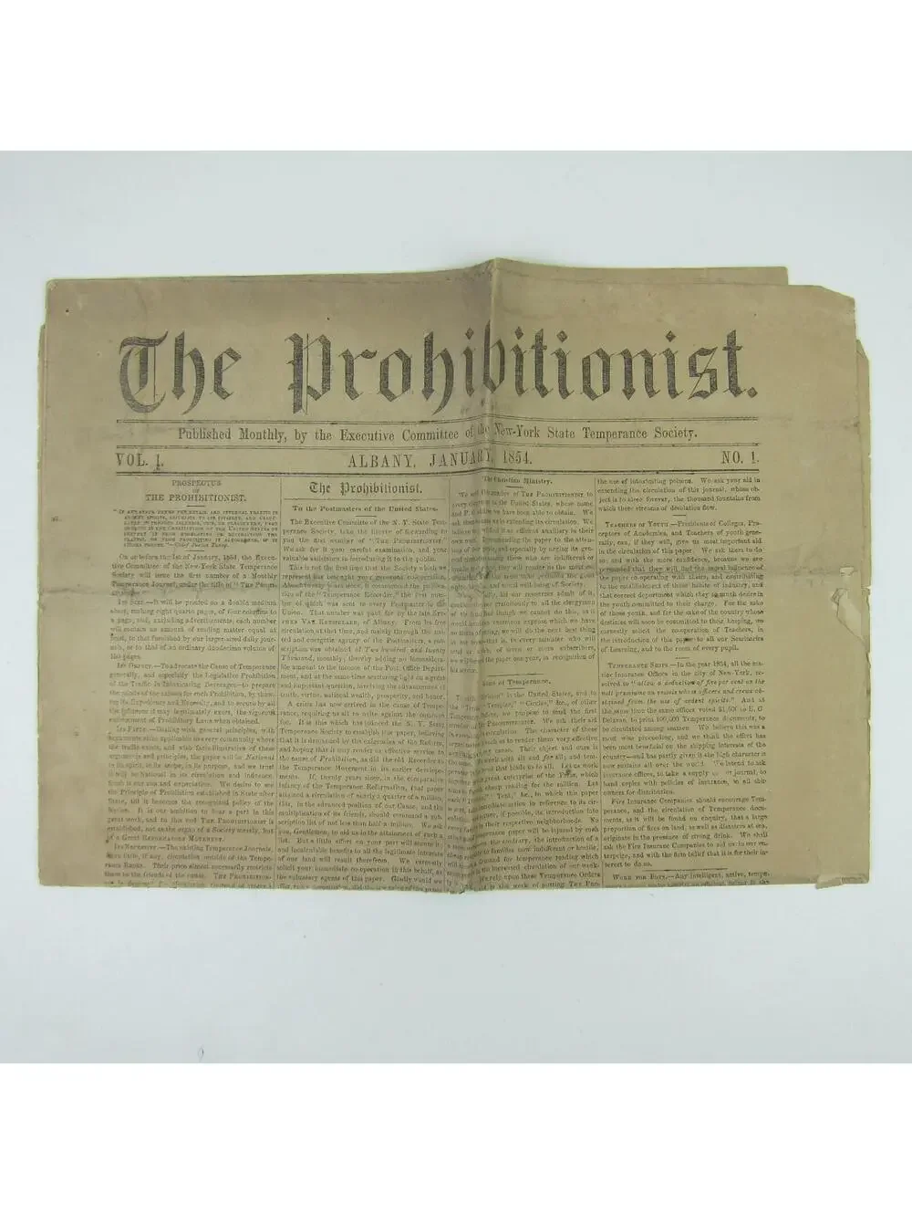 The Prohibitionist Newspaper New York Temperance Society #1 Antique 1854 RARE
